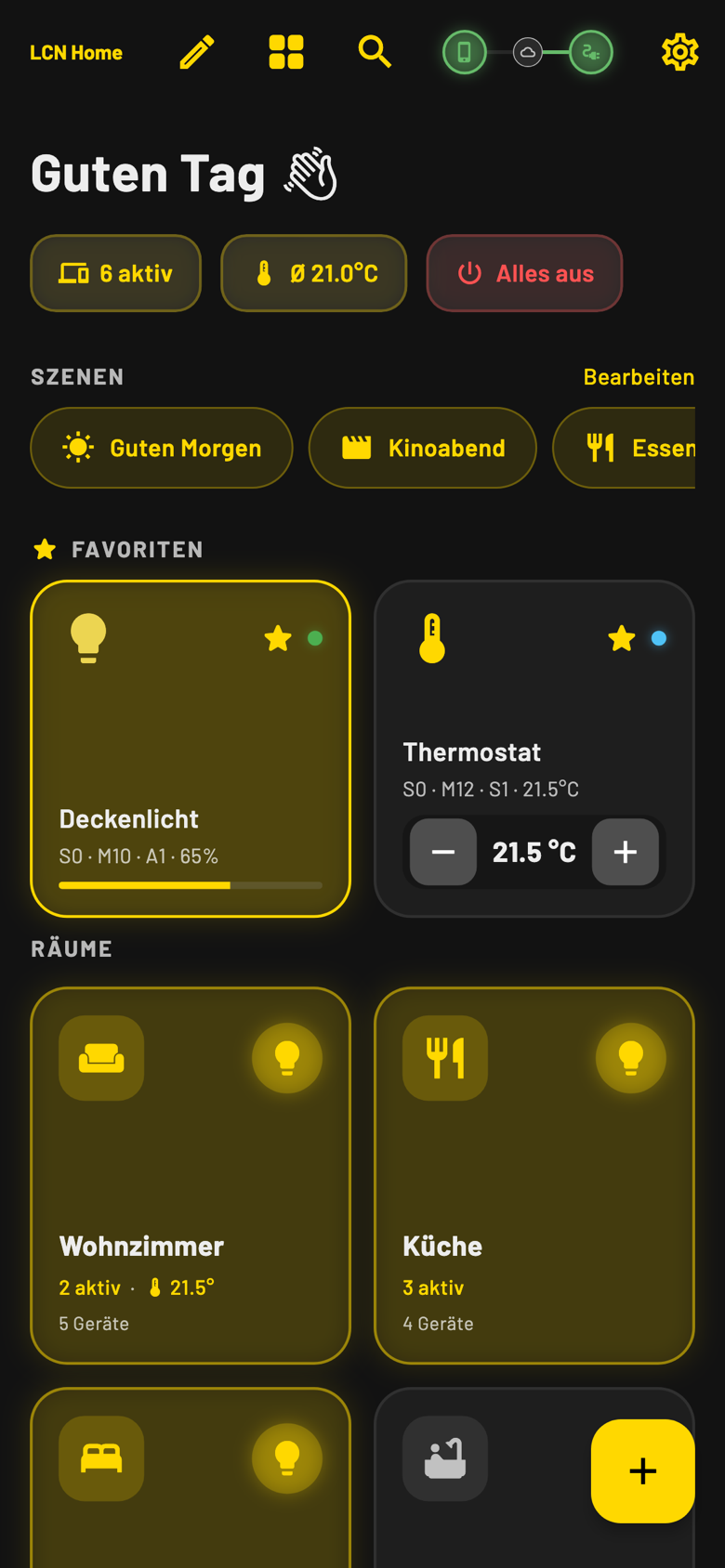 LCN Home App: Home-Dashboard mit Räumen, Favoriten und Szenen-Chips